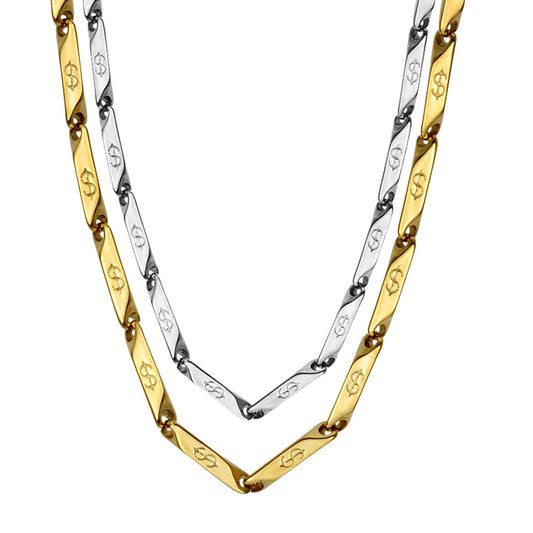High Polished Gold Color Titanium Stainless Steel US Dollar Pattern Stick Aberdeen Chain Necklaces for Men Jewelry