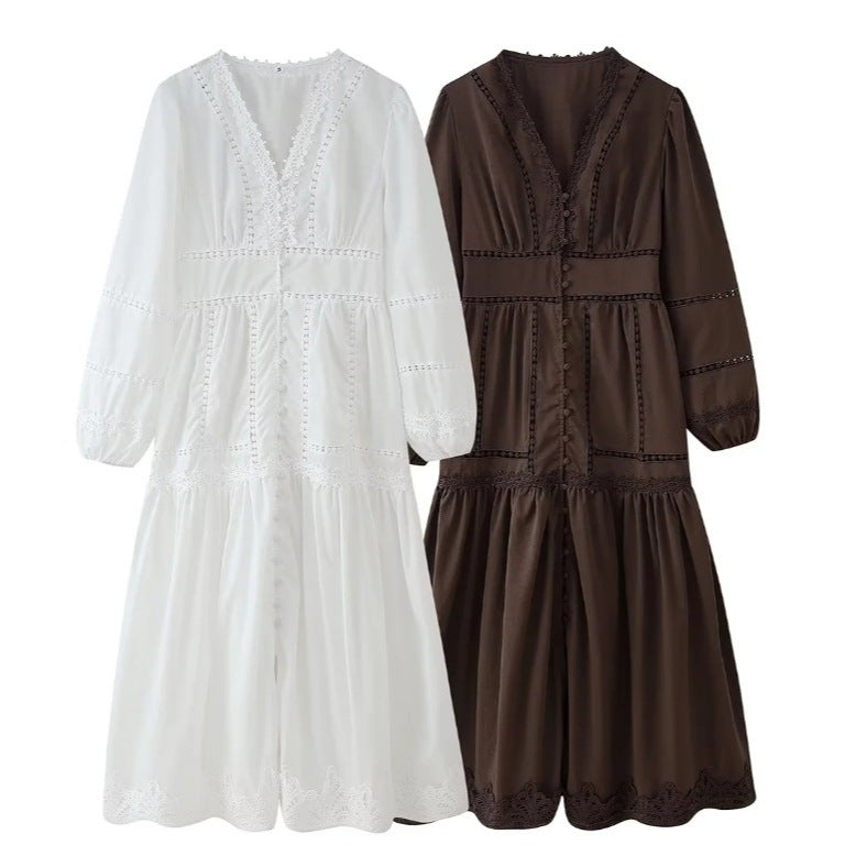 Womens V-Neck Lace Splicing Hollow-out Dress