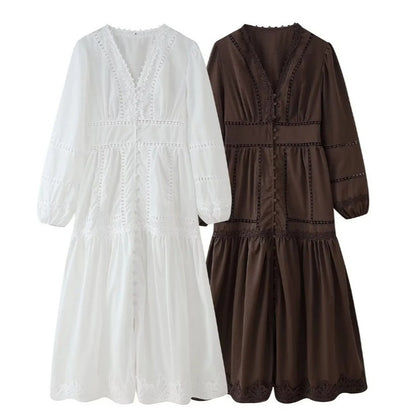 Womens V-Neck Lace Splicing Hollow-out Dress