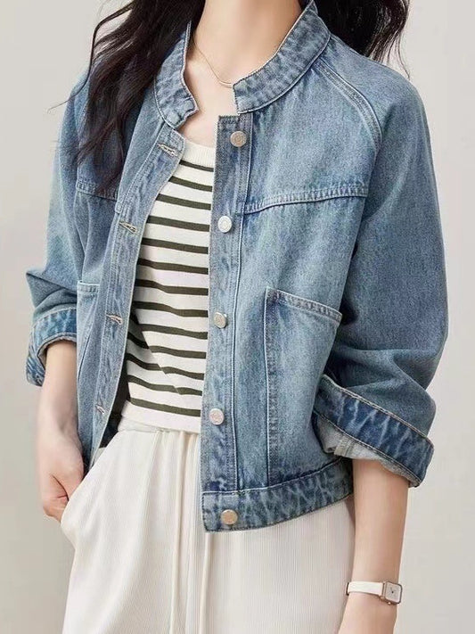 Vintage Washed Denim Stand Collar Jacket