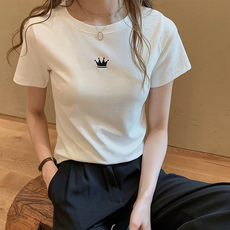 Fashionable Fitted Embroidered Round Neck Short Sleeve T-Shirt for Women Casual Basic TopStudent Style Ladies' Inner Wear