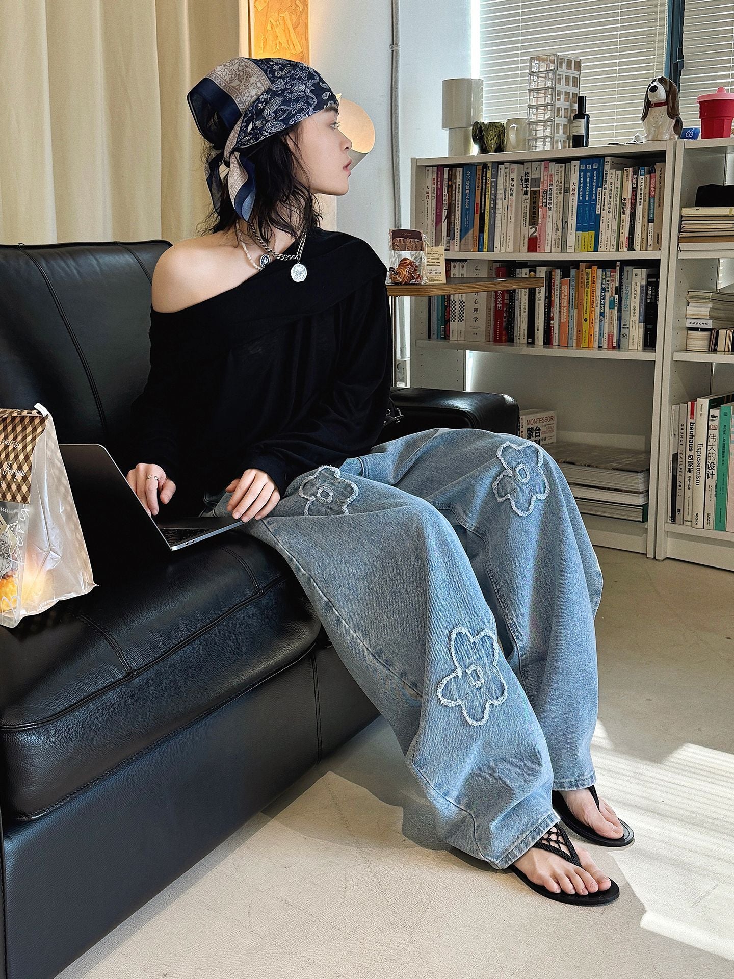 Floral Applique High Waist Wide Leg Denim Pants