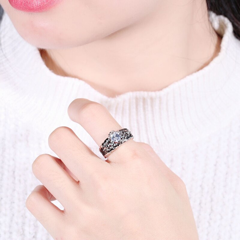 European American Design Skull Rings for Women Men Gothic Punk Jewelry Flower Heart CZ Crystal Finger Skeleton Vintage Ring