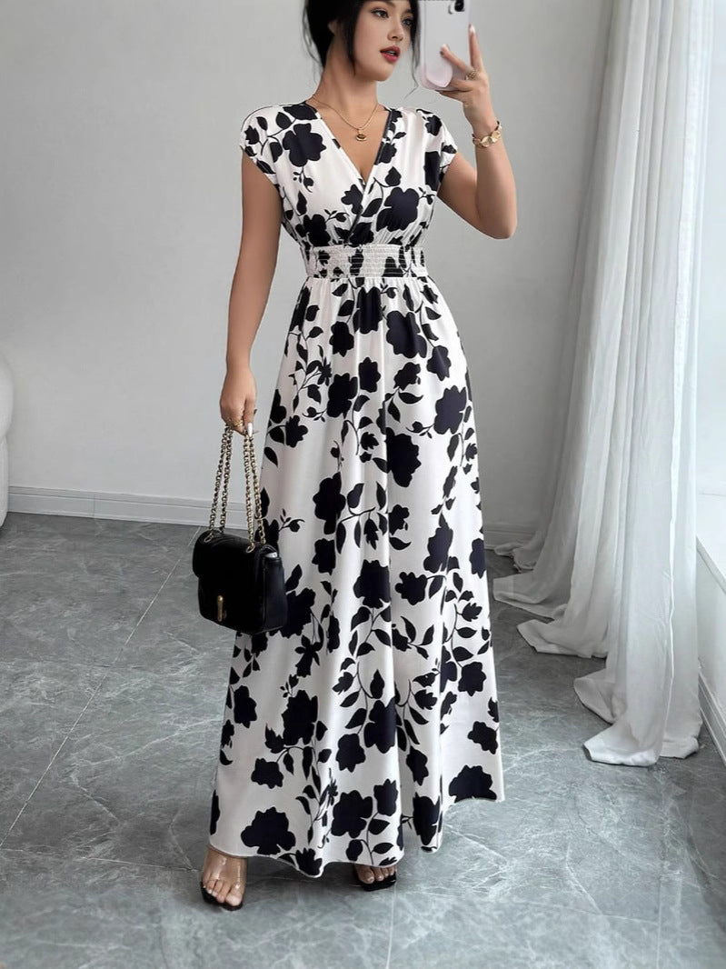 Floral Print V-Neck Lace-Up A-Line Dress