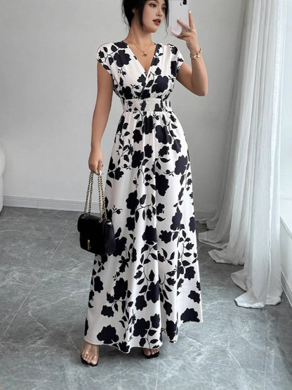 Floral Print V-Neck Lace-Up A-Line Dress