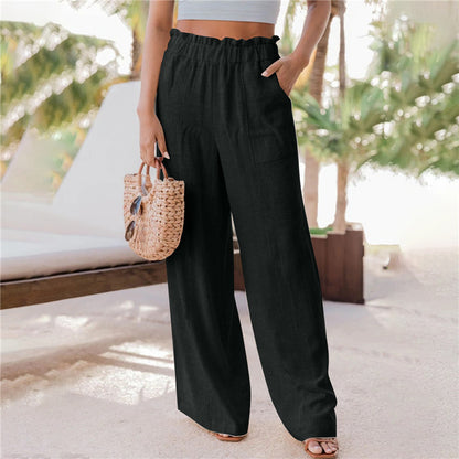 Summer New Women's Casual Pants Fashion Ruffled Patch Pocket Wide Leg Pants
