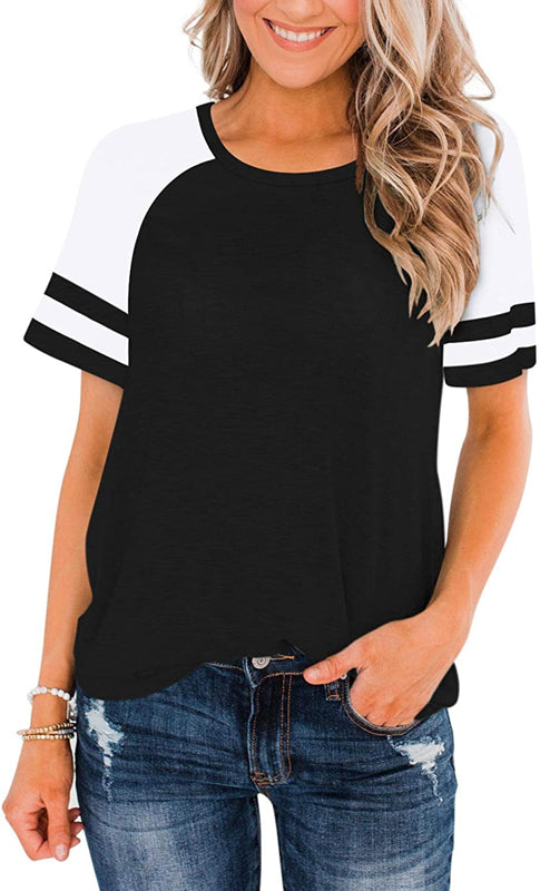 T-Shirt Summer Round Neck Stitching Short Sleeve Striped Contrast Color Loose Plus Size Women's Clothing