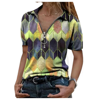 New T-shirt summer short sleeved zipper V-neck contrasting printed base top