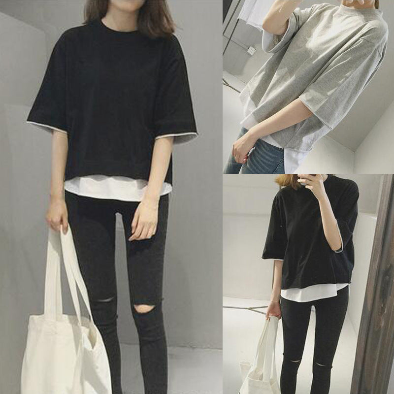 Casual Loose Spliced Mock-Two-Piece Short Sleeve T-Shirt for Women