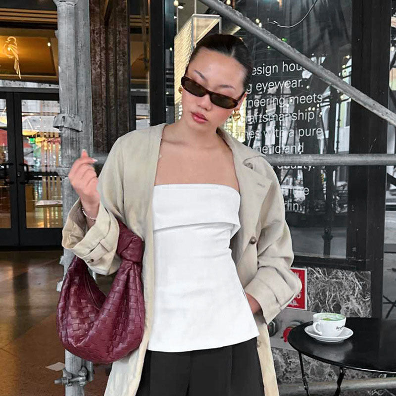 Women's Clothing Summer New Pure Color Sleeveless Backless Wide Lapel Slit Tube Top Sexy Blouse