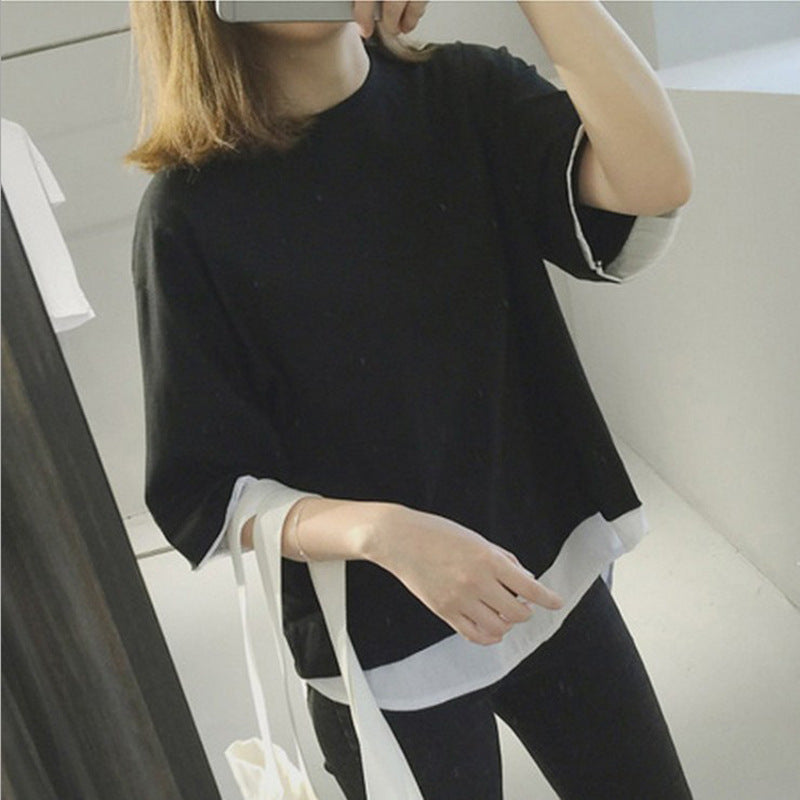 Casual Loose Spliced Mock-Two-Piece Short Sleeve T-Shirt for Women