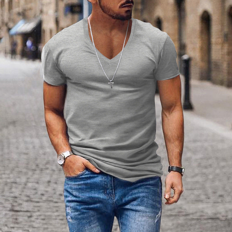 Men's T-shirt European and American summer men's clothing V-neck solid color slim fit casual T-shirt short sleeved top