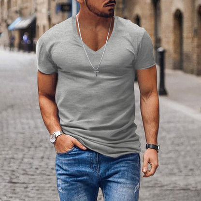 Men's T-shirt European and American summer men's clothing V-neck solid color slim fit casual T-shirt short sleeved top