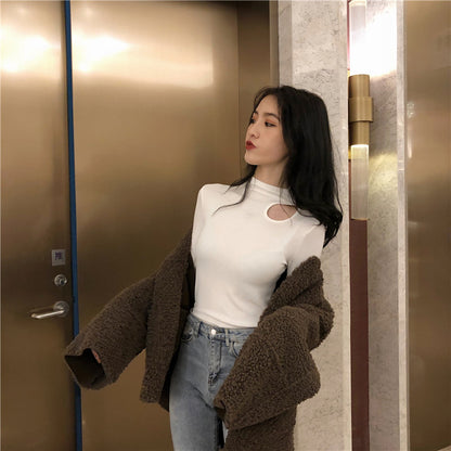 Chic Fitted Inner Top with Neckline Detail, Long Sleeve T-Shirt, Ribbed Mock Neck Base Layer for Women