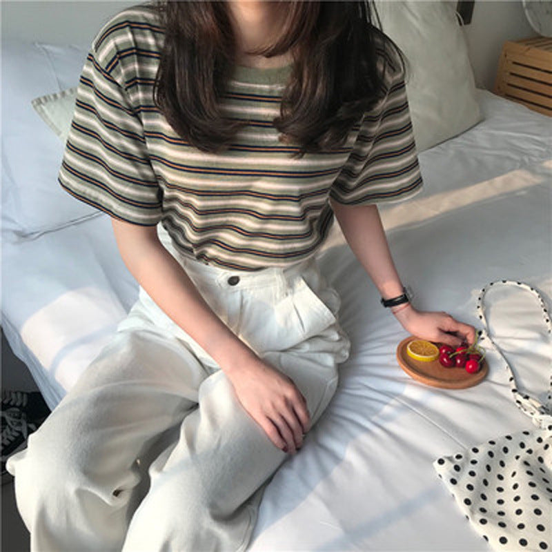Casual Stripe Short Sleeve T-Shirt for Women, Loose Fit, Student Fashion Top, Basic Innerwear