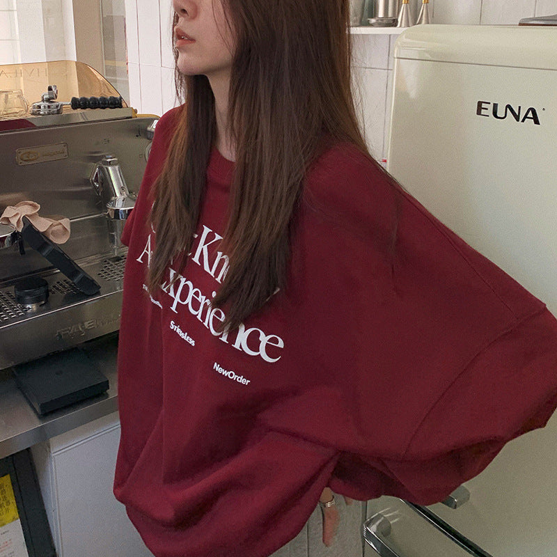 Crew Neck Long Sleeve Basic Top Outerwear Korean Women's Plus Velvet Loose Casual Sweatshirt Autumn Winter Coat Vintage