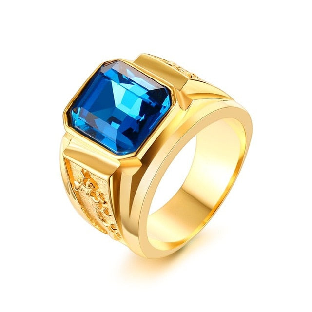 Men's Figment Ring with Red Blue CZ Stone in Gold Tone Stainless Steel Engraved Dragon Men Wedding Bands for Male Jewelry Anel