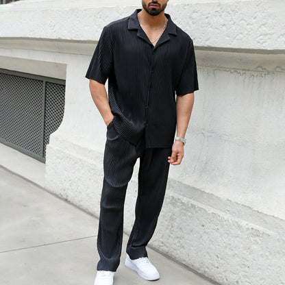 Men's Casual Lapel Short Sleeve Shirt and Trousers Set