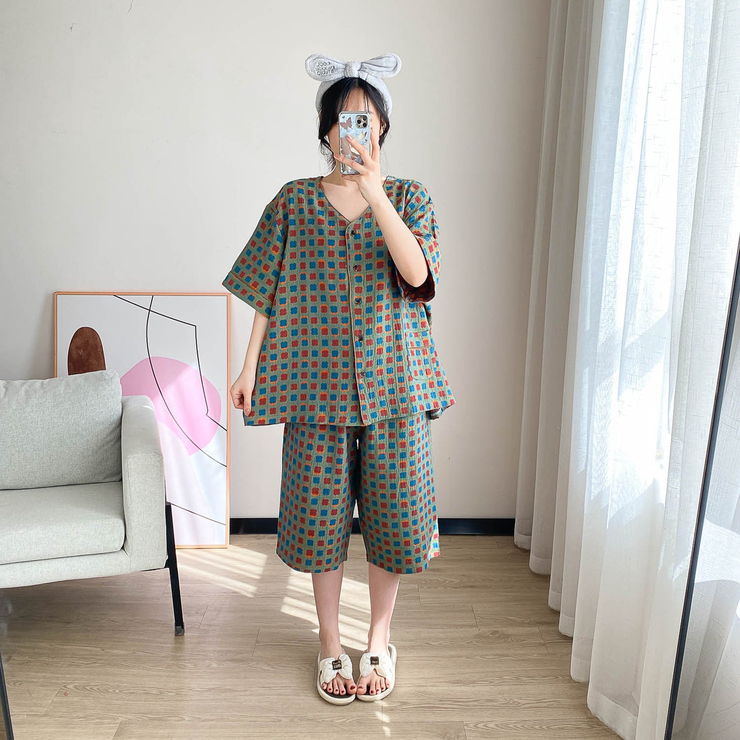 Cotton V-Neck Cropped Pajama Set