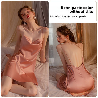 Spaghetti-strap ice-silk nightgown