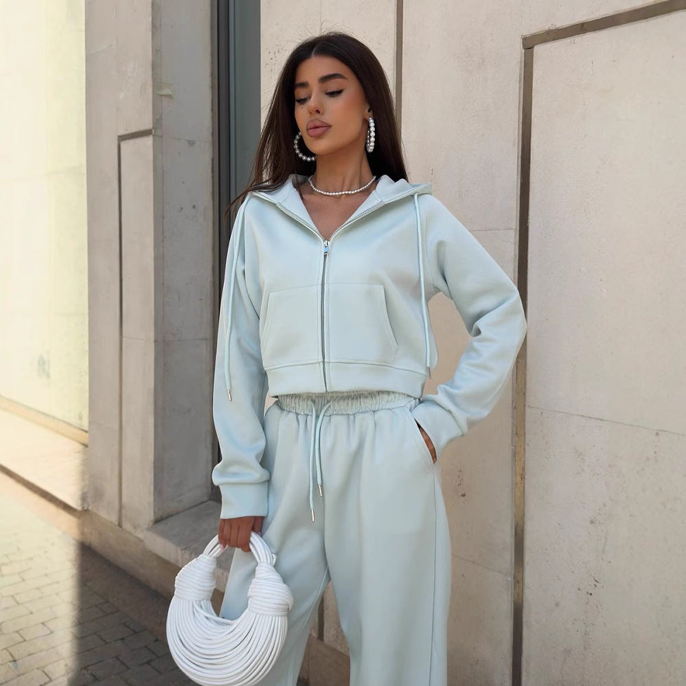 Casual sportswear set with hooded jacket and drawstring pants