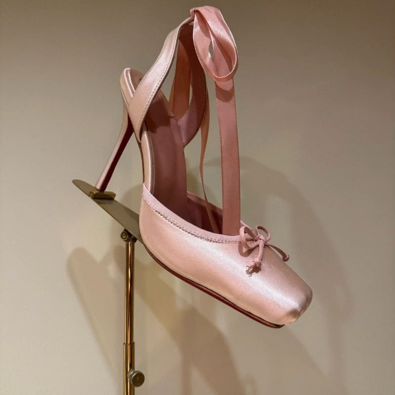 Stiletto Heel Square Toe Ankle Strap Satin Bow Sandals