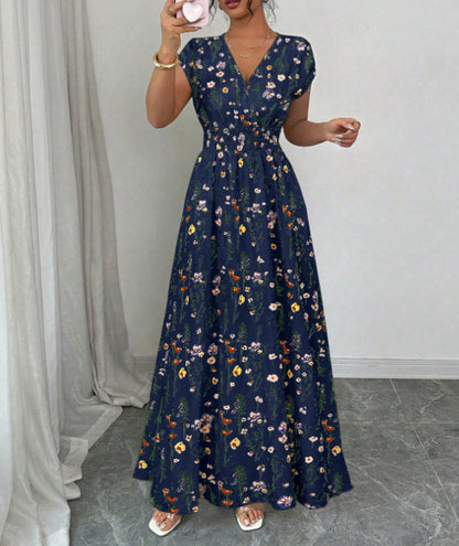 Floral Print V-Neck Lace-Up A-Line Dress