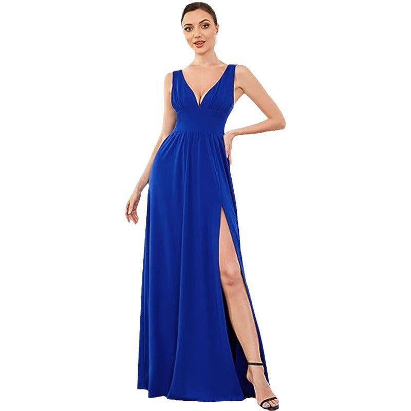 Elegant Sleeveless Long Swing Dress with Deep V Neck