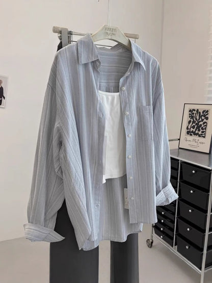 Striped Long Sleeve Shirt Women Loose Fit Casual