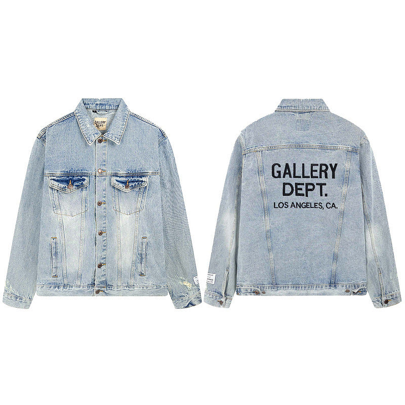 Embroidered Washed Destroyed Denim Jacket