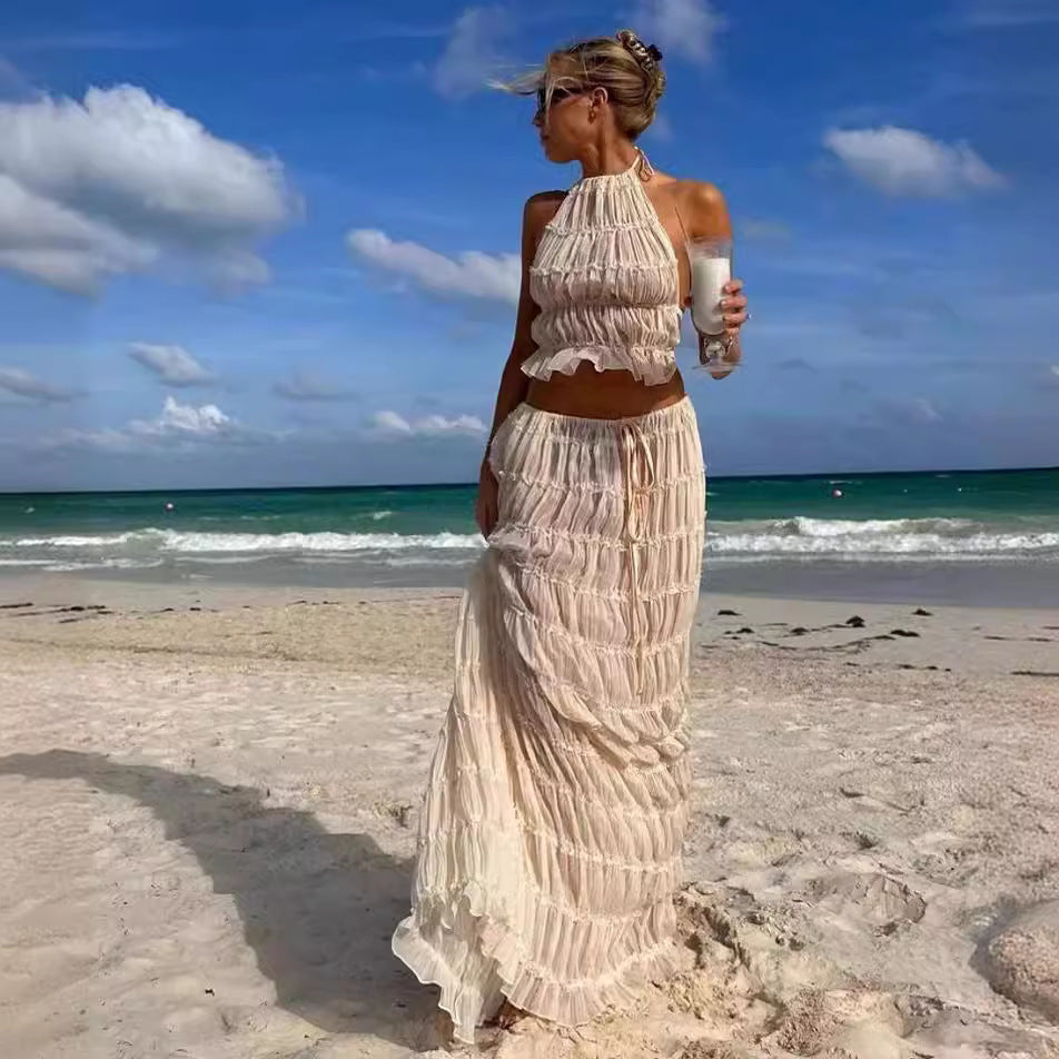 Lace-trimmed halter long dress