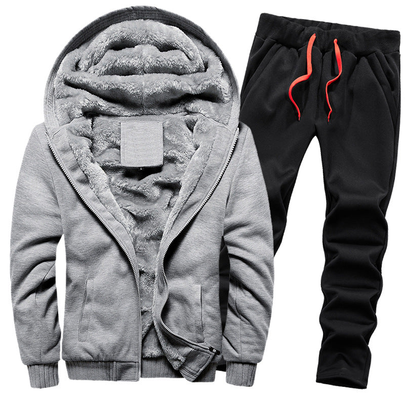 Men's thickened fleece-lined hoodie set