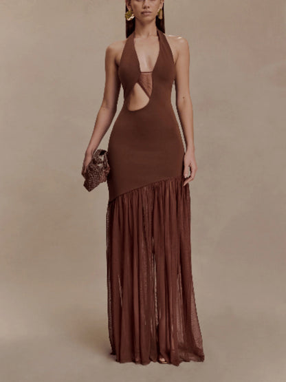 Slim Fit Backless Mesh Pleated Dress