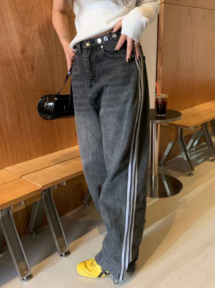 Adjustable Waist Wide Leg Denim Pants