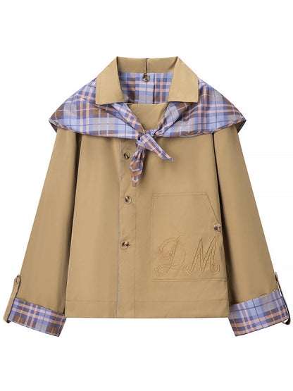 Reversible Plaid Embroidery Navy Collar Jacket