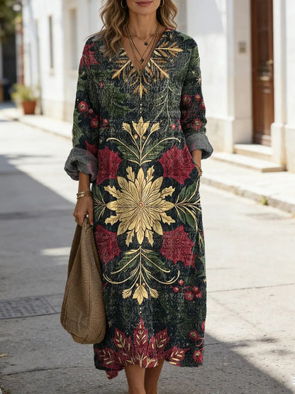 Womens Floral Print V-Neck Long Sleeve Dress