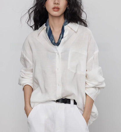 Women's Long-Sleeve Shirt with Tencel Linen, Vintage Style, Casual and Lazy, Suitable for Commuting