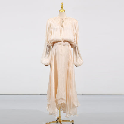 Brown Satin Lantern Sleeve Dress with Tie Waist