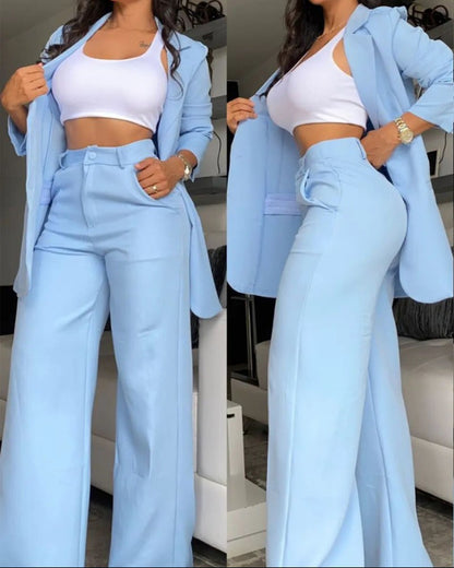 Elegant Solid Color Blazer and Pants