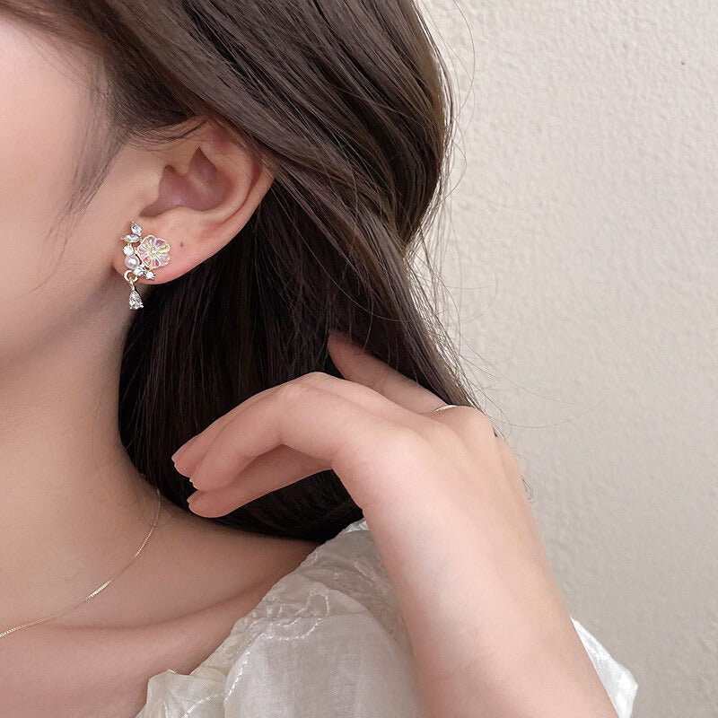 S925 Silver Needle Cat's Eye Small Earrings Female Geometric Square Love Diamond Earrings Simple Atmosphere Earrings