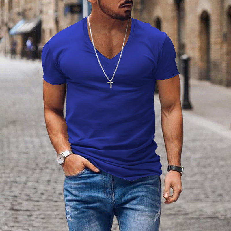 Men's T-shirt European and American summer men's clothing V-neck solid color slim fit casual T-shirt short sleeved top