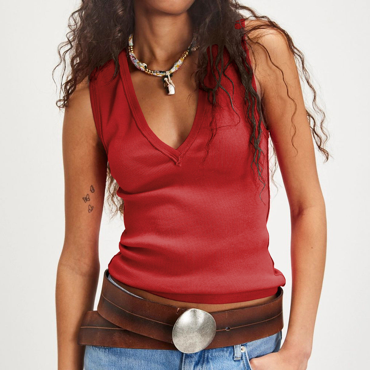 Women's Clothing  Pure Color V-neck Design Back Splicing Sleeveless Fitted Classic Versatile