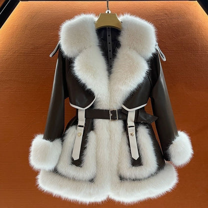 Women's mid-length fur coat with large fur collar and tie