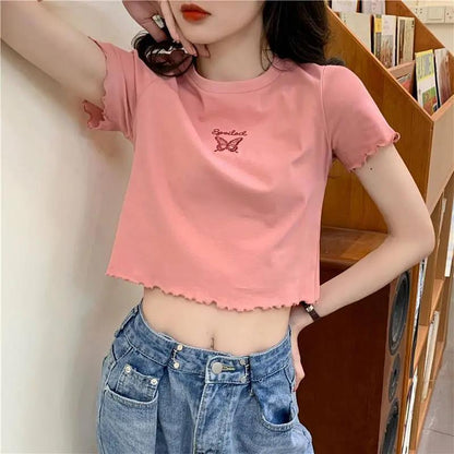 High Waist Crop Top Women's Slim Fit Stretchy Versatile Butterfly Embroidery Short Sleeve T-Shirt