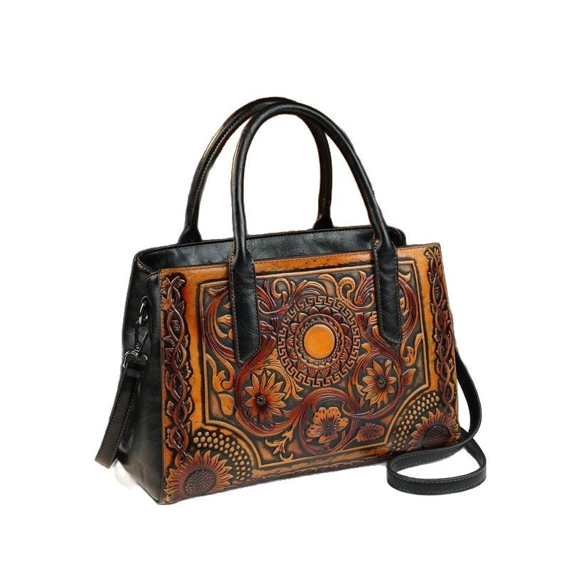 Atmospheric 2025 Retro Women's Bag Embossed Flower Tote Bag Genuine Leather New Ethnic Style Single Shoulder Crossbody Bag Large Capacity