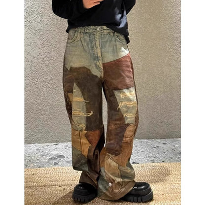 Straight Leg Washed Denim Pants with Digital Print