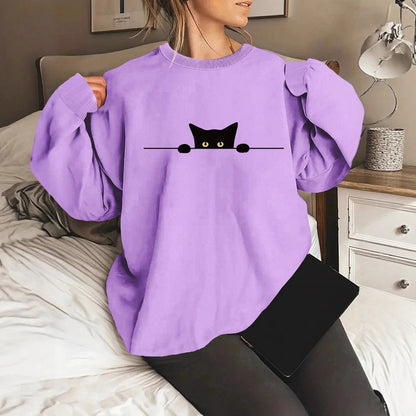Cat Print Round Neck Sweatshirt