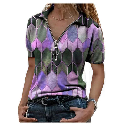 New T-shirt summer short sleeved zipper V-neck contrasting printed base top
