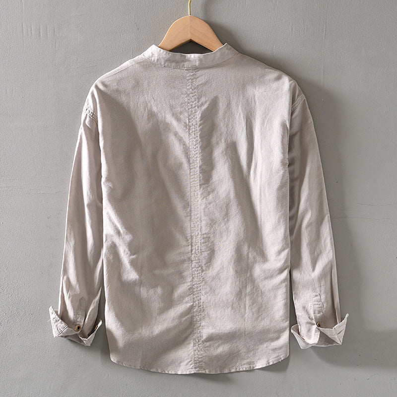 Pure Color Stand-Up Collar Pullover Cotton and Linen Lining