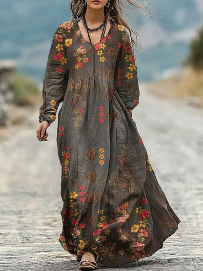 Womens Floral Print V-Neck Long Sleeve Dress